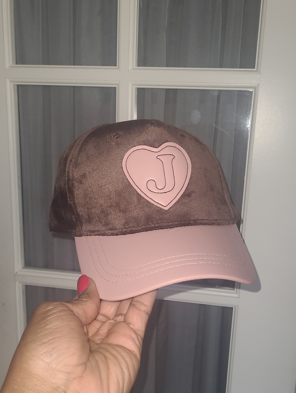 JUICY COUTURE Velvet and Faux Leather Baseball Cap with Heart J Accent